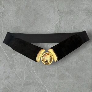 Women’s Chic Black Leather And Elastic Combo Belt With Golden Buckle